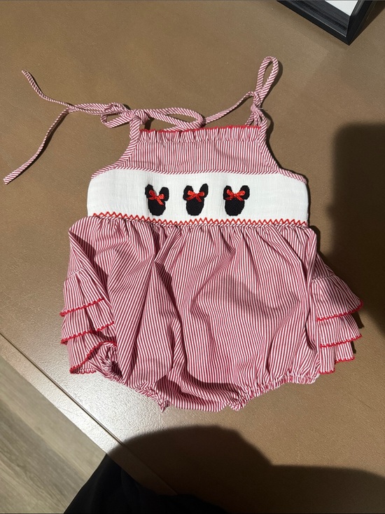 Stitchy Fish Other - Stitchy Fish Red Striped Baby Romper with Minnie Mouse and Bow Accents